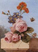 unknow artist Still life of roses,carnations and polyanthers in a terracotta urn,upon a stone ledge,together with a tortoiseshell butterfly Norge oil painting reproduction